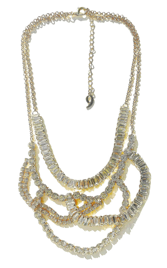 Crystal Draped Rhinestone Layered Statement Necklace - Gold Plated - BelleHarris