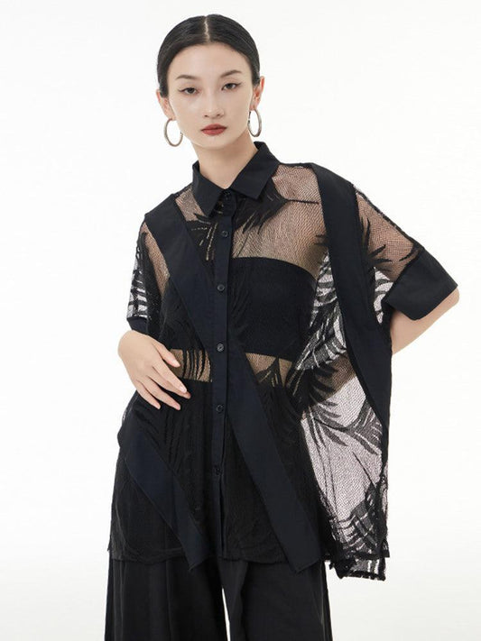 Hayato Sheer Leaf Blouse - Black - BelleHarris
