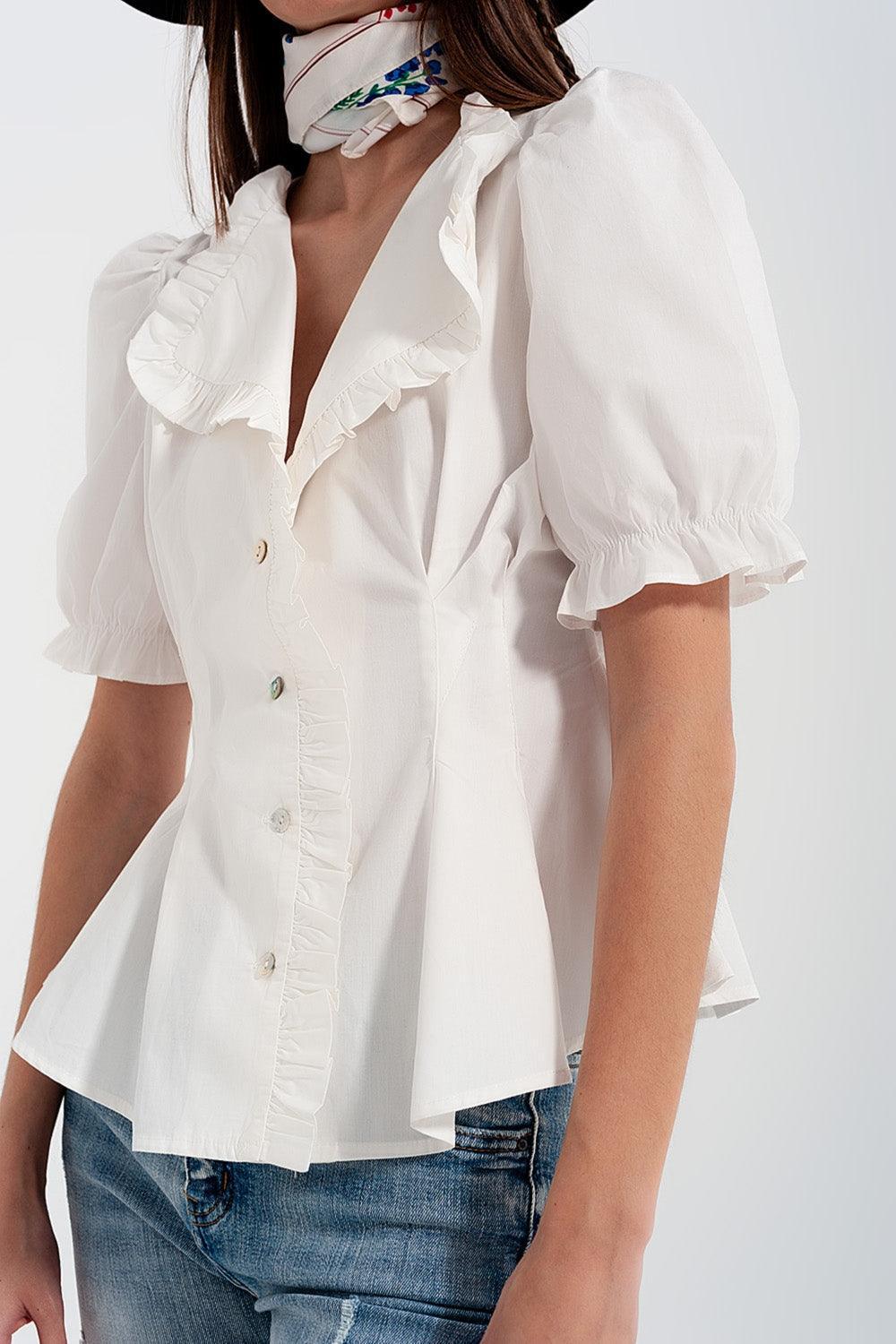 Poplin Frill Detail Wrap Blouse in Cream - BelleHarris