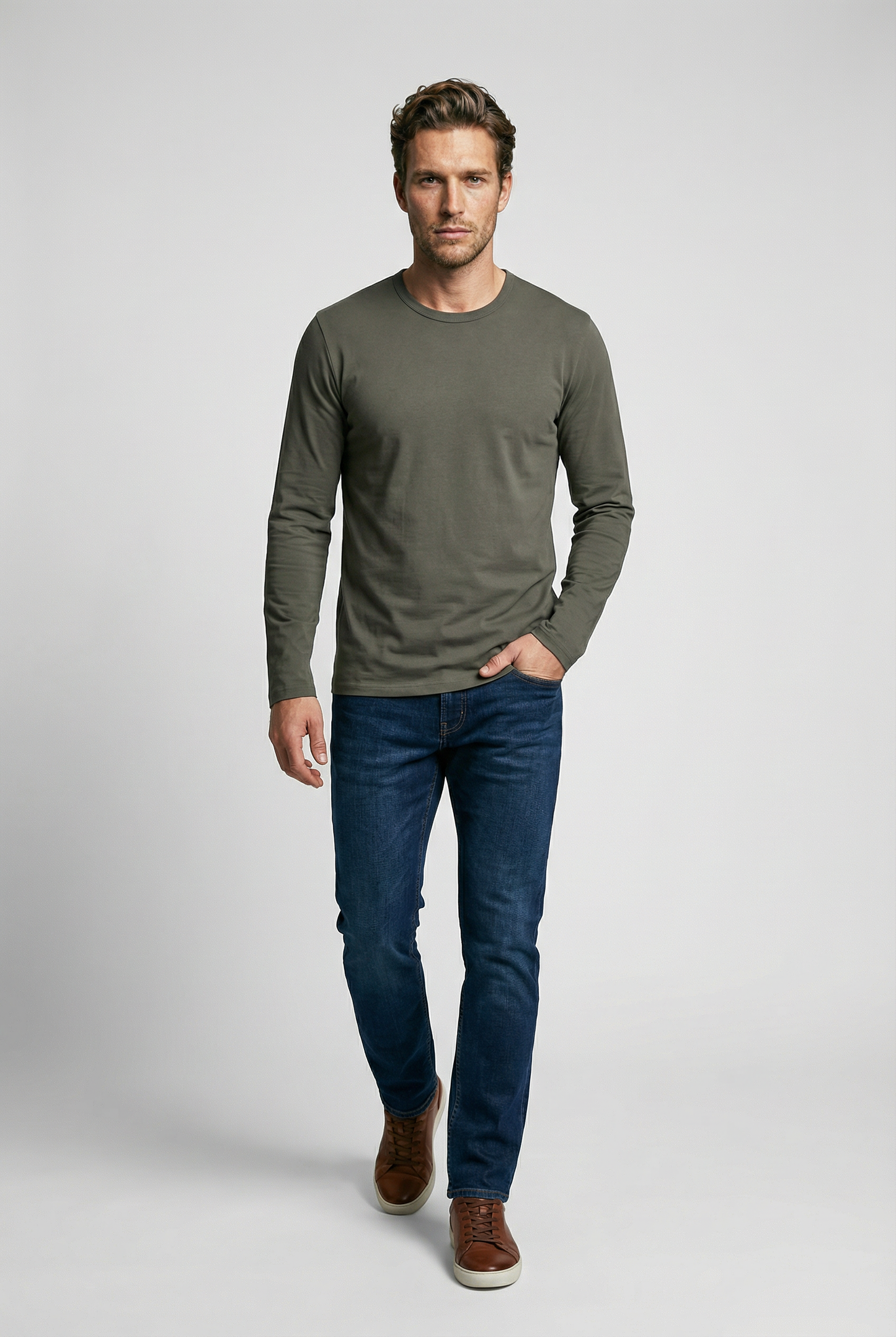 Bevis Long Sleeve Cotton T-shirt - Olive
