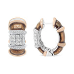 18K White and Rose Gold Flash Plated .925 Sterling Silver Clear Brown Enamel 1/6 Cttw Round Diamond Huggie Hoop Earrings (F-G Color, VS1-VS2 Clarity) - BelleHarris