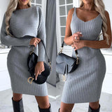 2pcs Suit Women's Solid Stripe Long-sleeved Top And Tight Suspender Skirt Fashion Autumn Winter Slim Clothing - BelleHarris