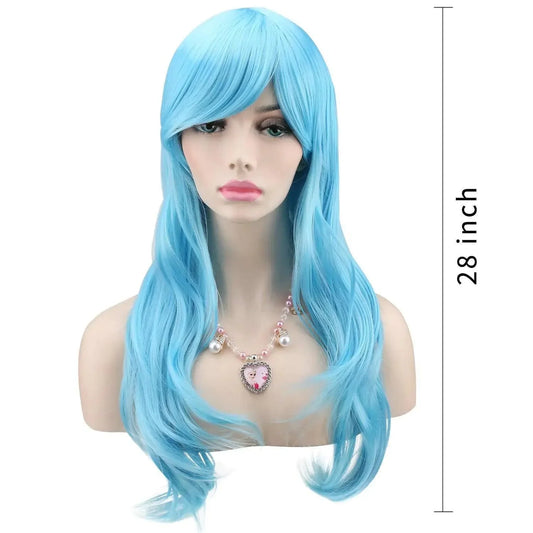 Heat Resistant 28-Inch Long Curly Hair Wig with Wig Cap – Light Blue