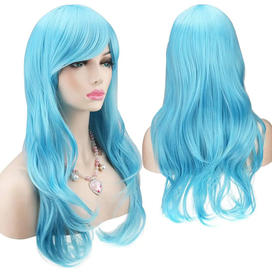 Heat Resistant 28-Inch Long Curly Hair Wig with Wig Cap – Light Blue
