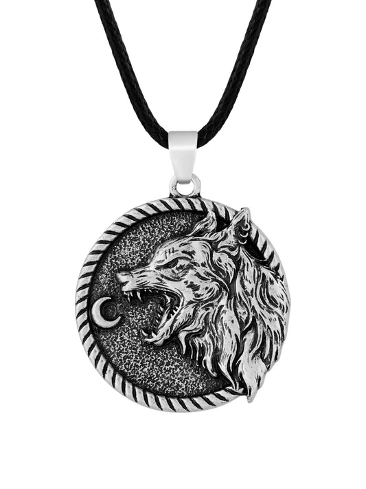 HAQUIL Wolf Necklace Vintage Antique Crescent Moon Wolf Pendant Faux Leather Cord Wolf Jewelry Gift