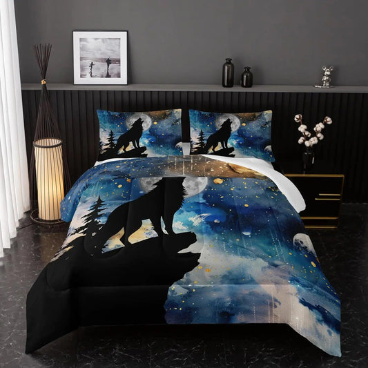 Nttopship Wolf Comforter Set Twin Size，Modern Wildlife Animal Comforter Wolf Kids Comforter Bedding Set for Girls Boys Kids Teens Watercolor Wolf Dark Clouds Wild Animal Comforter with 2 Pillowcases