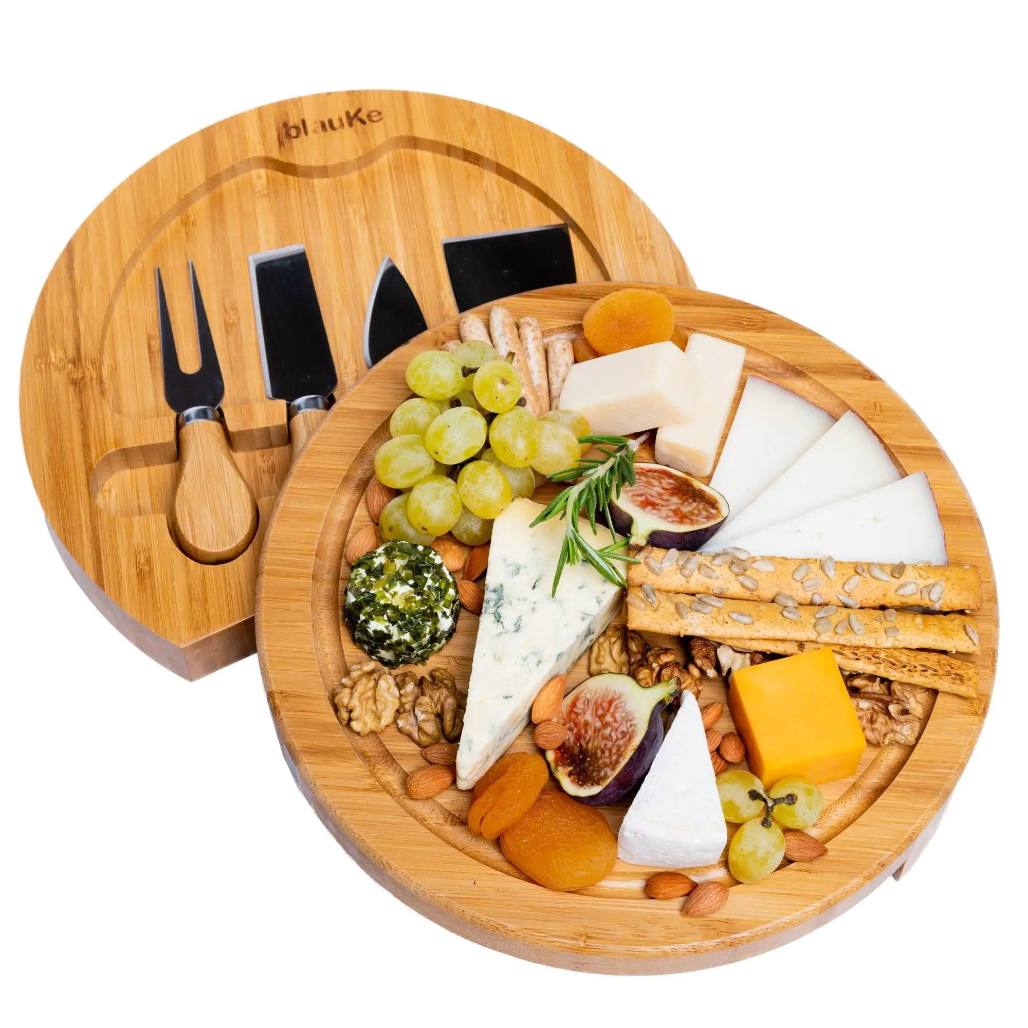 Bamboo Cheese Board and Knife Set - 10 Inch Swiveling Charcuterie Board with Slide-Out Drawer - BelleHarris