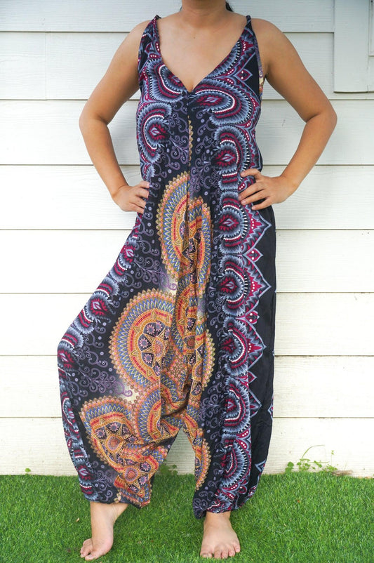 Black Mandala Boho Hippie Jumpsuit Rompers - BelleHarris