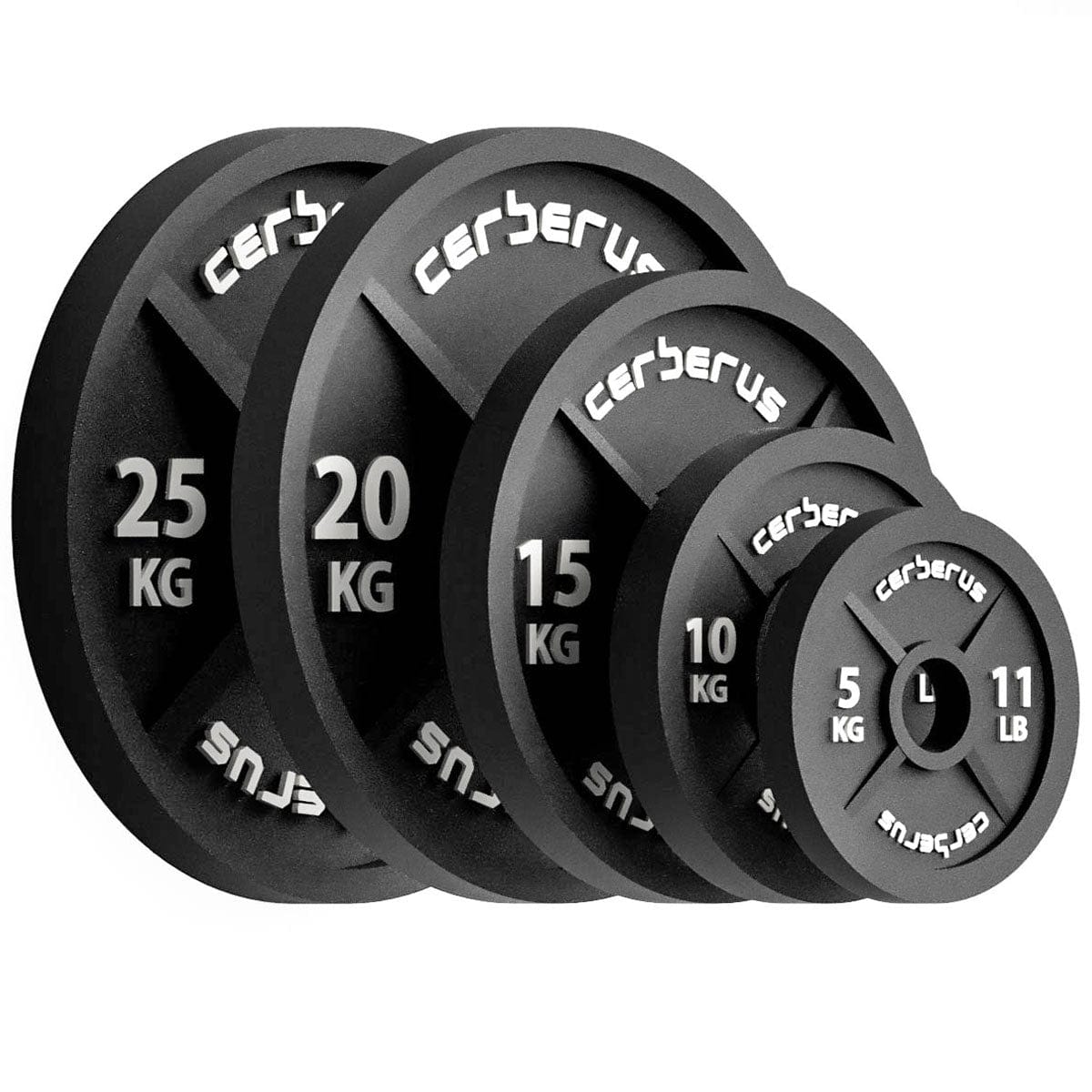 Set of Cerberus bumper plates in various weights on a white background