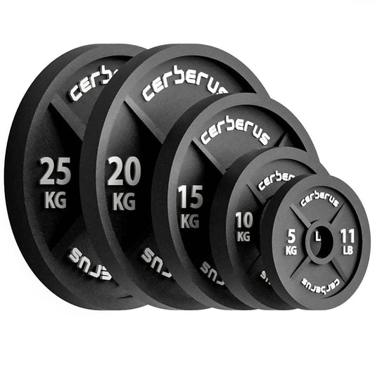 Set of Cerberus bumper plates in various weights on a white background
