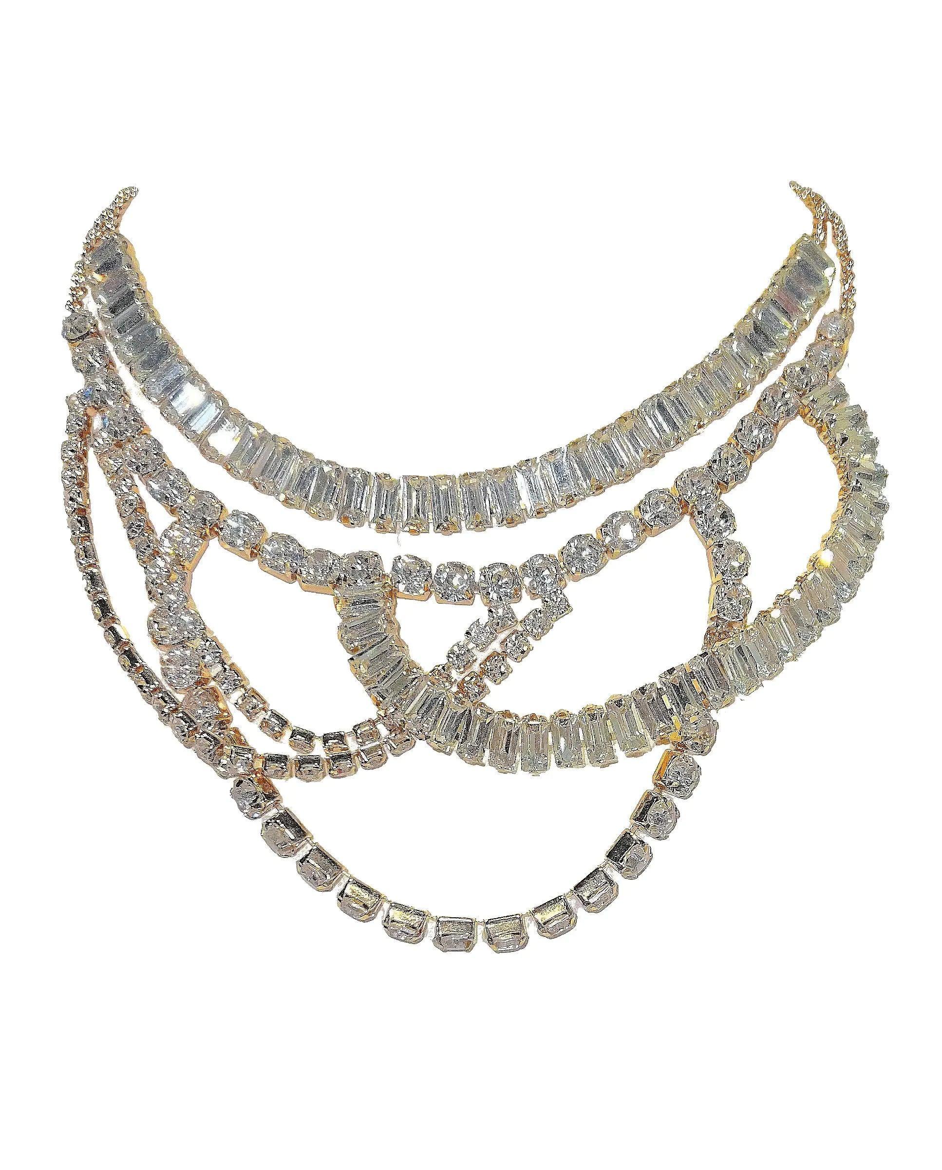 Crystal Draped Rhinestone Layered Statement Necklace - Gold Plated - BelleHarris