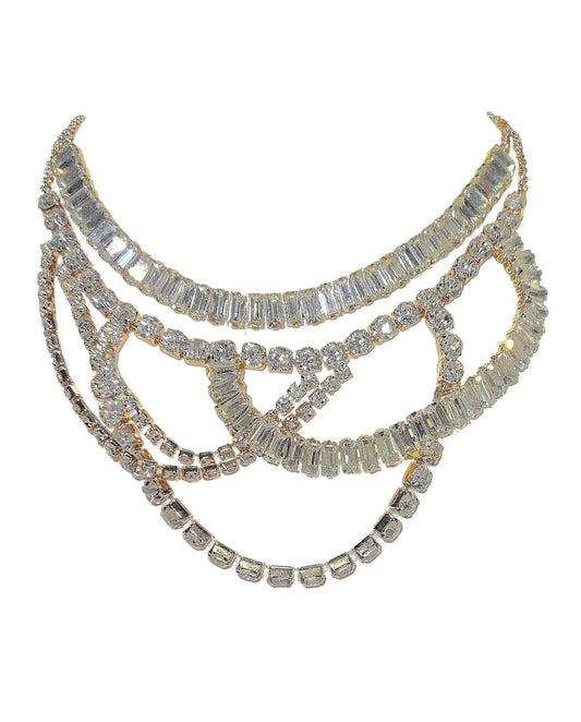 Crystal Draped Rhinestone Layered Statement Necklace - Gold Plated - BelleHarris