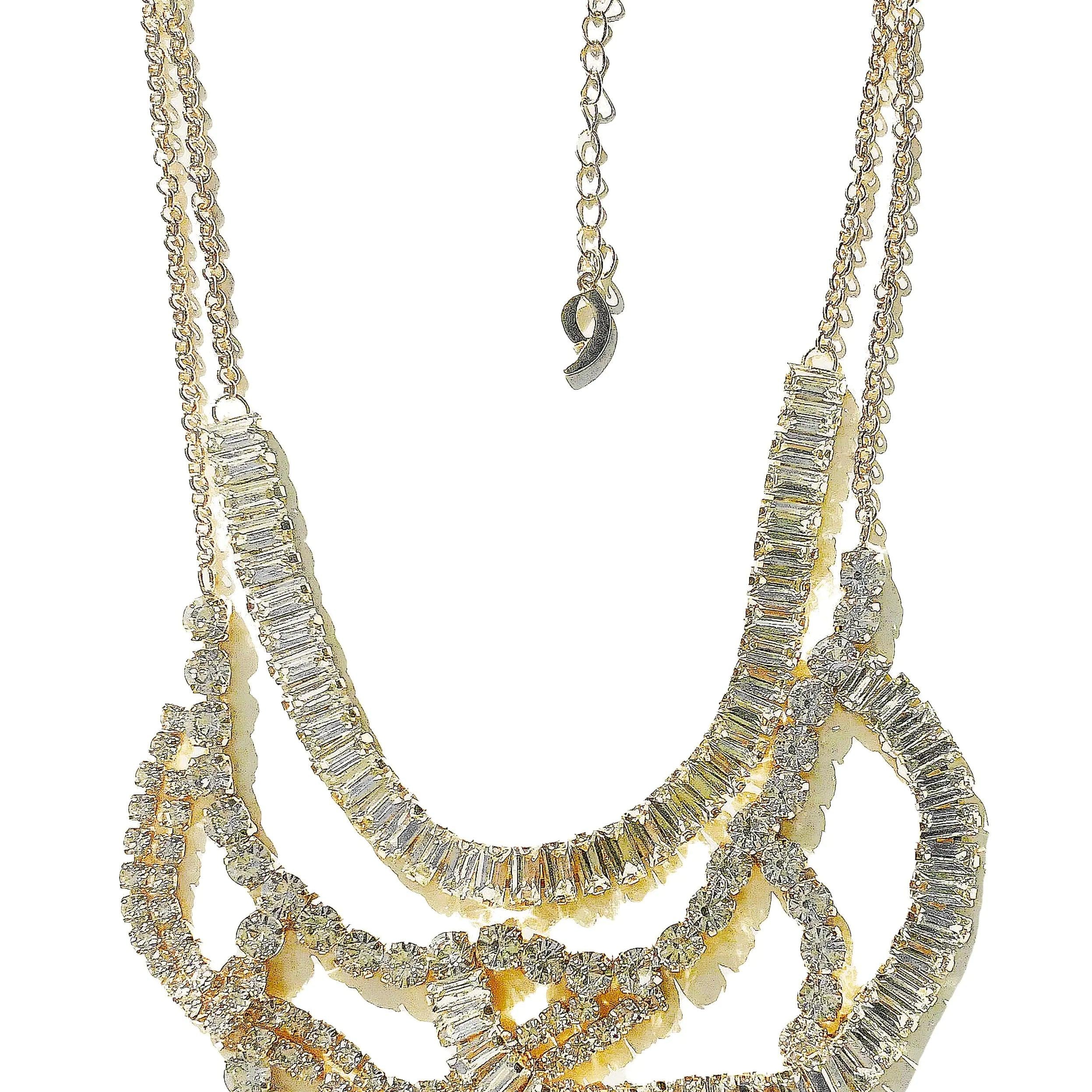 Crystal Draped Rhinestone Layered Statement Necklace - Gold Plated - BelleHarris