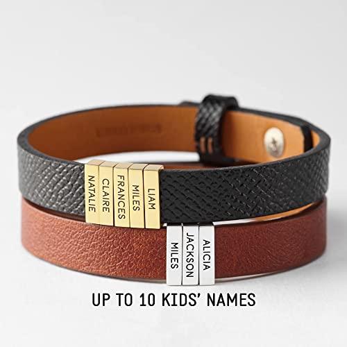 Dad Leather Bracelet With Children Names, Dad Birthday Gifts from Kids - BelleHarris