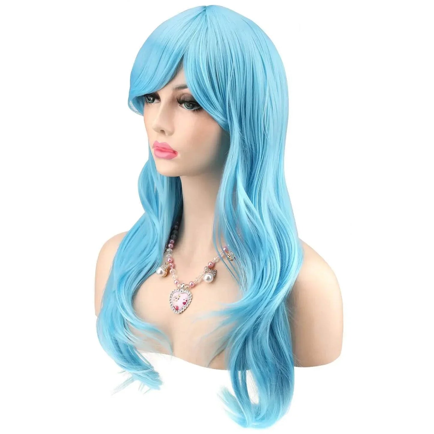 Heat Resistant 28-Inch Long Curly Hair Wig with Wig Cap – Light Blue
