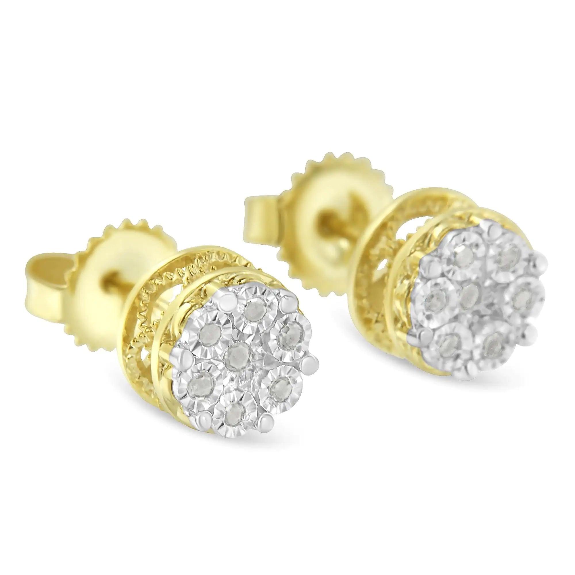 Gold earrings- 14K Yellow Gold Plated .925 Sterling Silver 1/7 Cttw Diamond Miracle Set Stud Earrings (I-J Color, I3 Promo Clarity) - BelleHarris