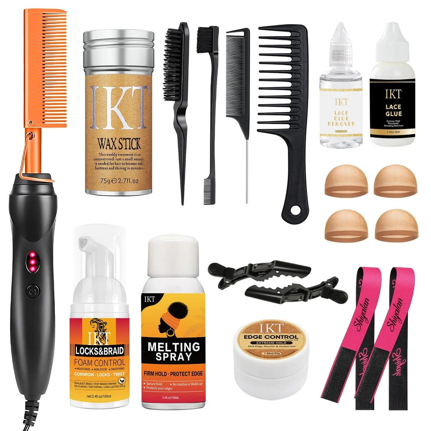 Hot Comb Set Electric Hair Straightener Comb Curling Iron for Natural Black Hair Wigs Pressing Combs with Wig Glue Hair Wax Stick Set Rat Tail Comb ＆Salon Clips