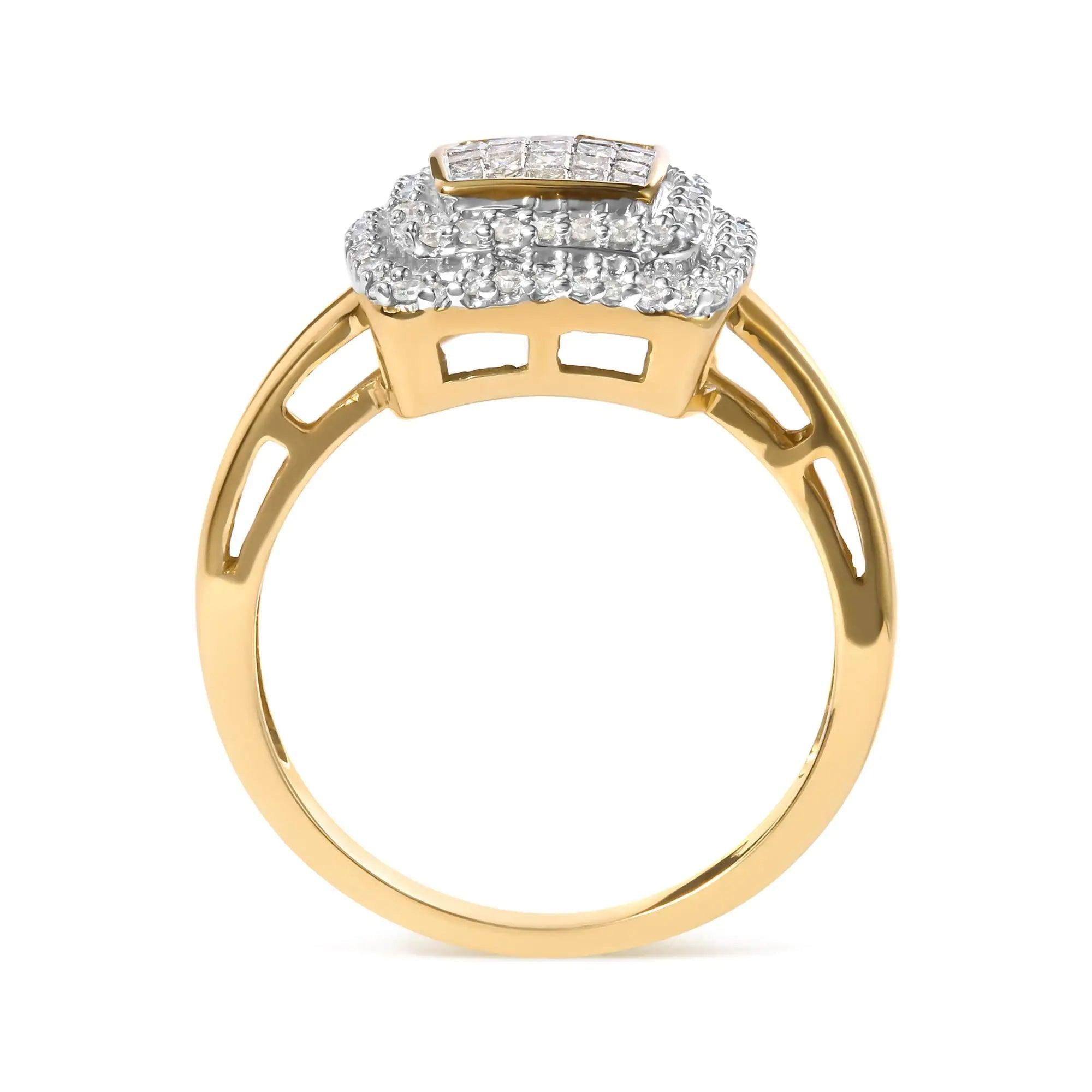 Luxury Diamond engagement rings. 10K Yellow Gold 1/2 cttw Round and Princess Diamond Composite Head and Halo Ring (H-I Color, SI1-SI2 Clarity) - BelleHarris