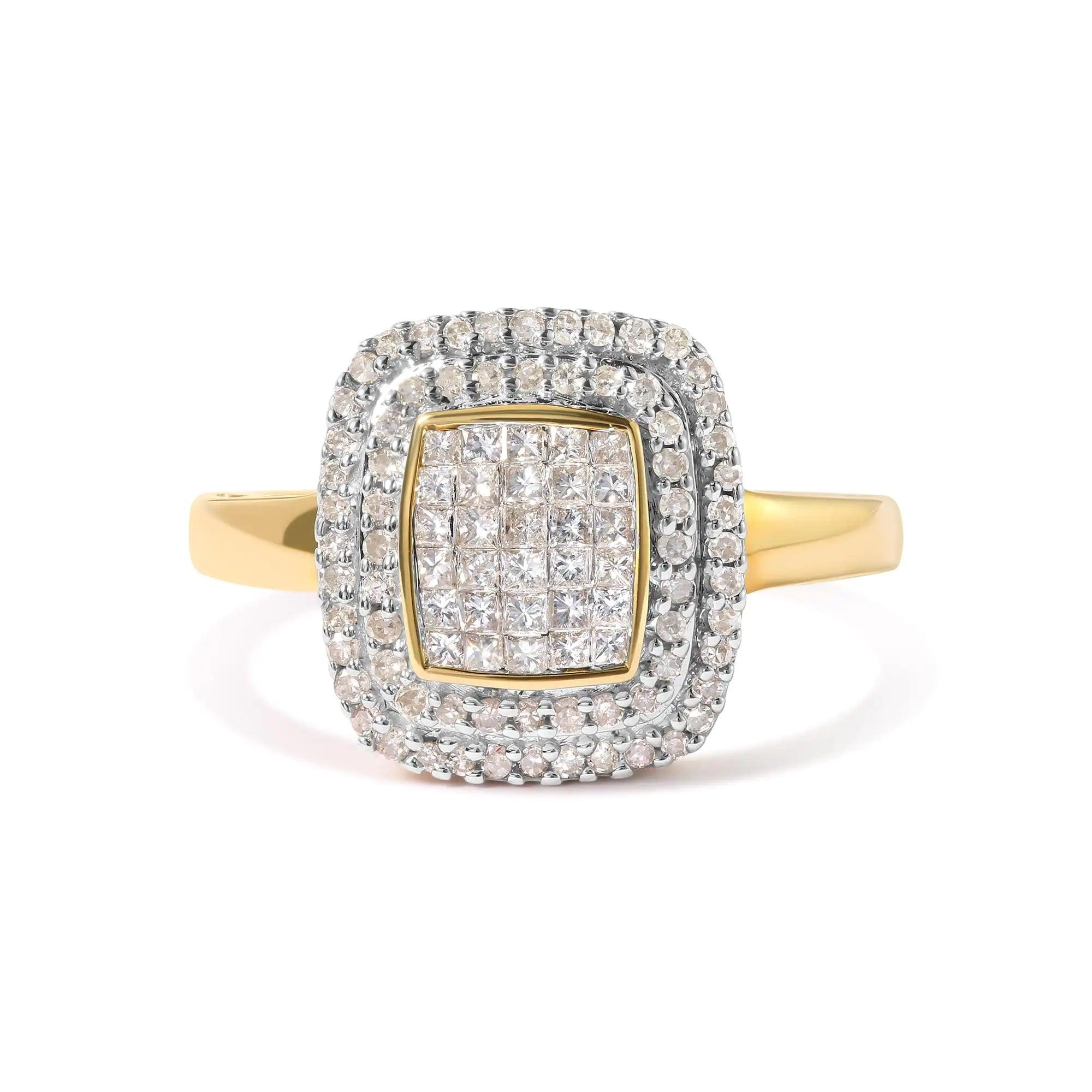 Luxury Diamond engagement rings. 10K Yellow Gold 1/2 cttw Round and Princess Diamond Composite Head and Halo Ring (H-I Color, SI1-SI2 Clarity) - BelleHarris