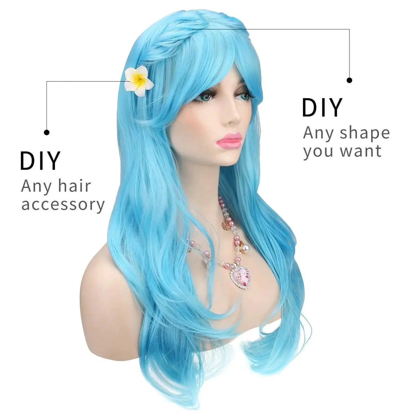 Heat Resistant 28-Inch Long Curly Hair Wig with Wig Cap – Light Blue