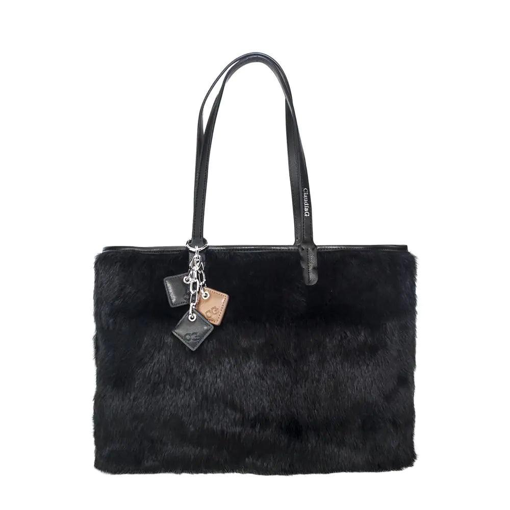 Olivia Fur+Leather Handbag - Black - BelleHarris