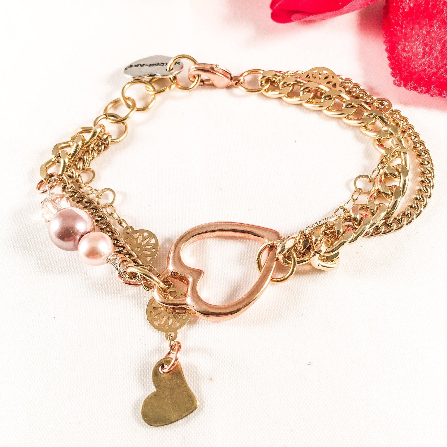 Rose Gold Heart Charm Bracelet with rose pearls - BelleHarris