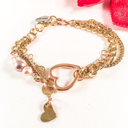 Rose Gold Heart Charm Bracelet with rose pearls - BelleHarris