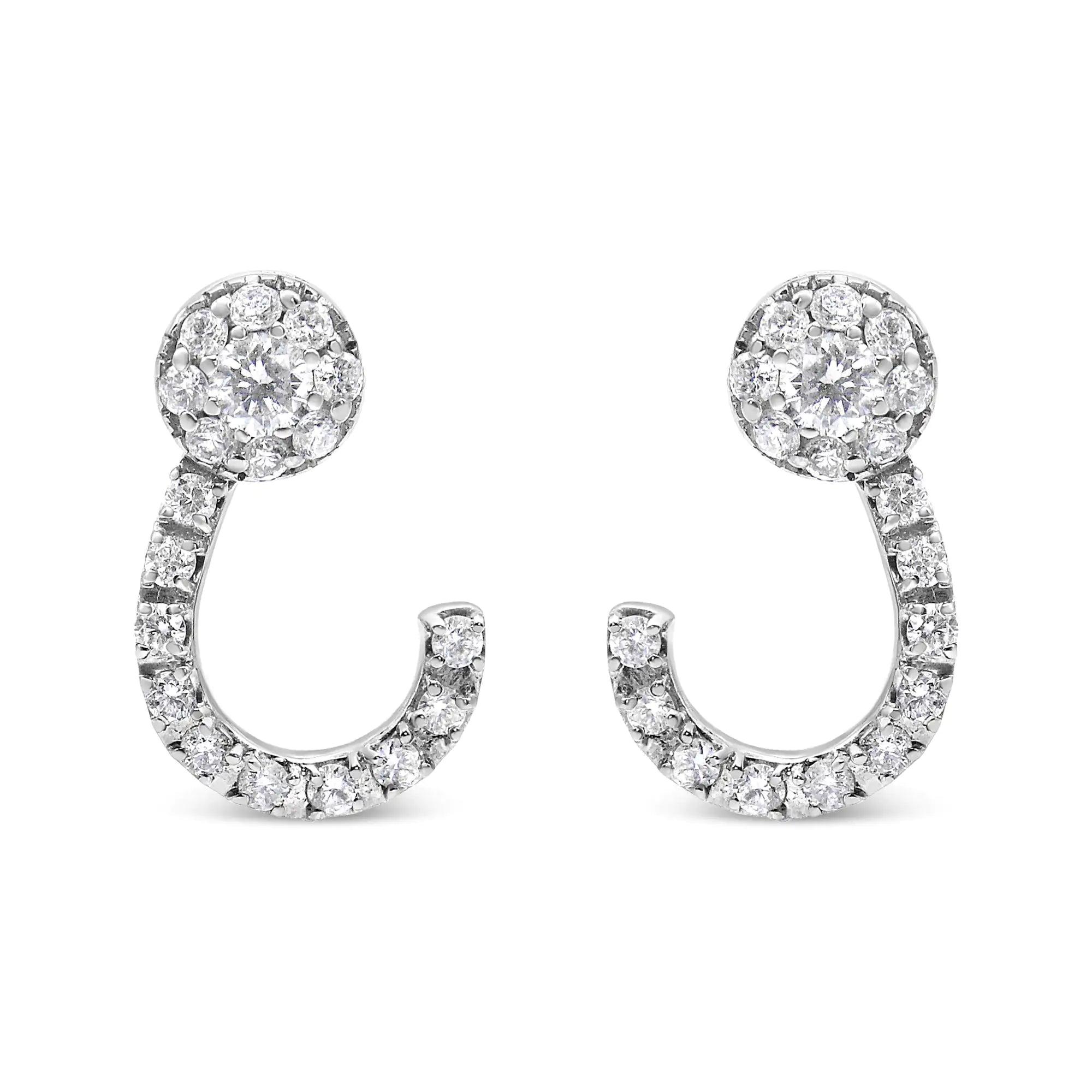 Round-Cut Diamond Curved Drop Stud Earrings - 4K White Gold 1.00 Cttw Round-Cut Diamond Curved Cluster Drop Stud Earrings (G-H Color, SI1-SI2 Clarity) - BelleHarris