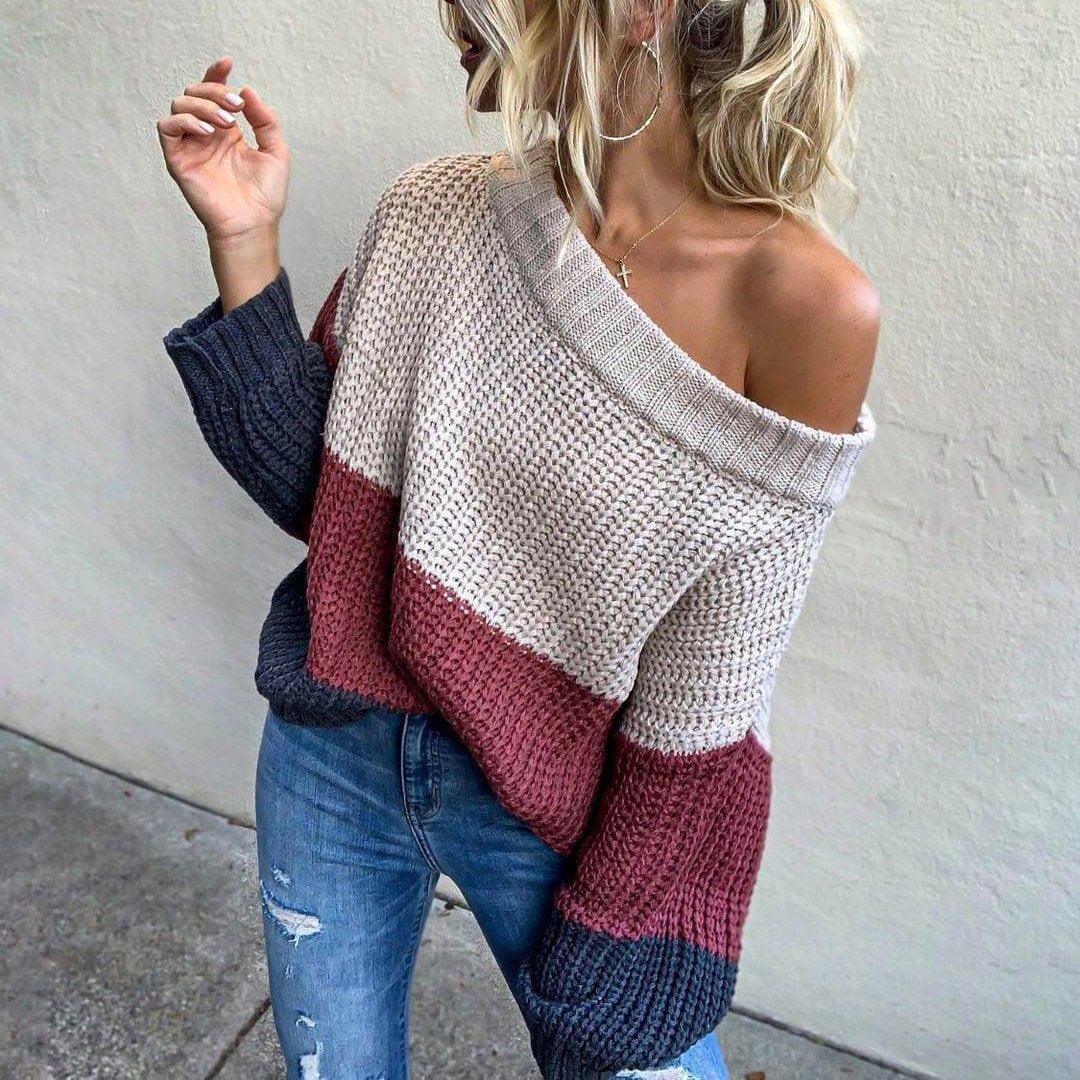 Round Neck Patchwork Color Sweater - BelleHarris