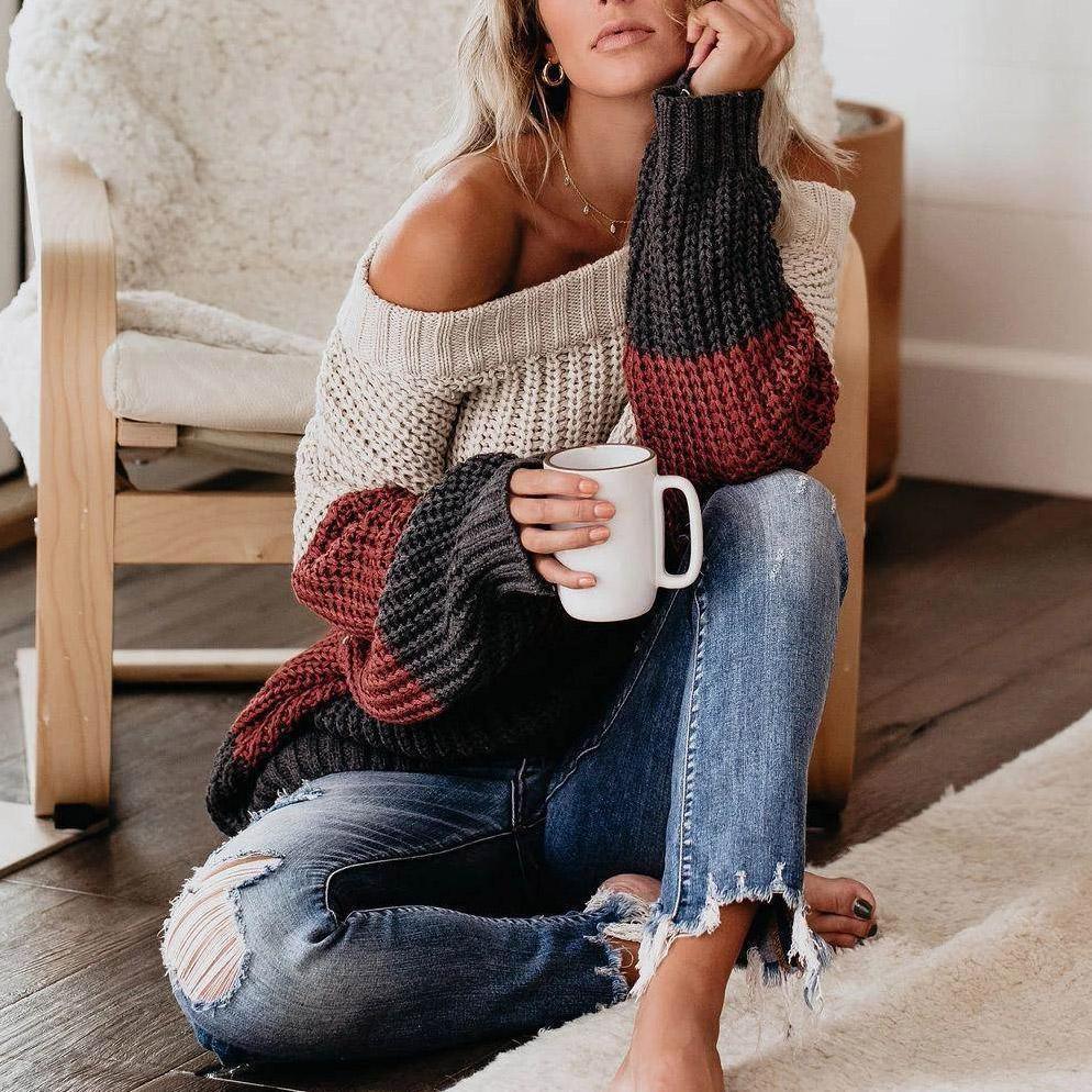 Round Neck Patchwork Color Sweater - BelleHarris