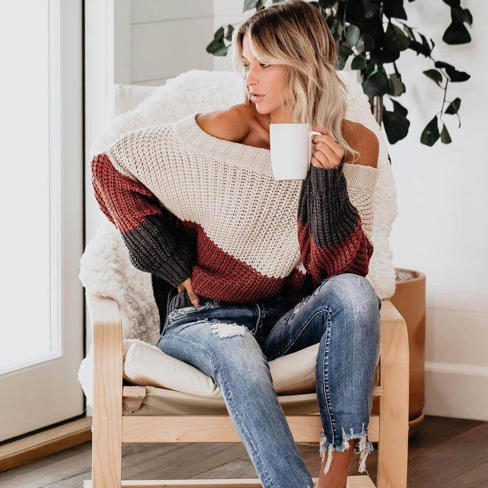 Round Neck Patchwork Color Sweater - BelleHarris