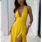 Sexy Halterneck V-neck Slit Dress Summer Backless Strappy Skirt Fashion Temperament Clothing Women - BelleHarris