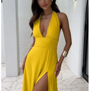 Sexy Halterneck V-neck Slit Dress Summer Backless Strappy Skirt Fashion Temperament Clothing Women - BelleHarris