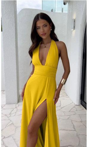 Sexy Halterneck V-neck Slit Dress Summer Backless Strappy Skirt Fashion Temperament Clothing Women - BelleHarris