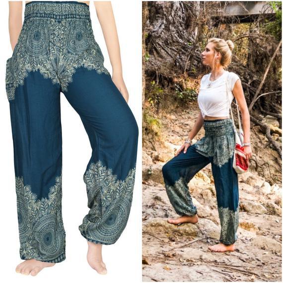 Teal FLORAL Women Boho Pants Hippie Pants Yoga Pants - BelleHarris