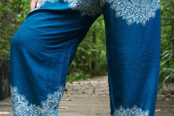 Teal FLORAL Women Boho Pants Hippie Pants Yoga Pants - BelleHarris