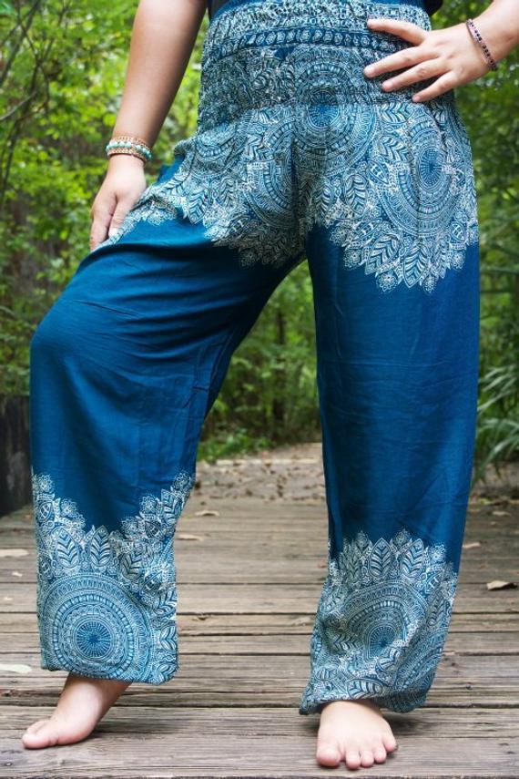 Teal FLORAL Women Boho Pants Hippie Pants Yoga Pants - BelleHarris