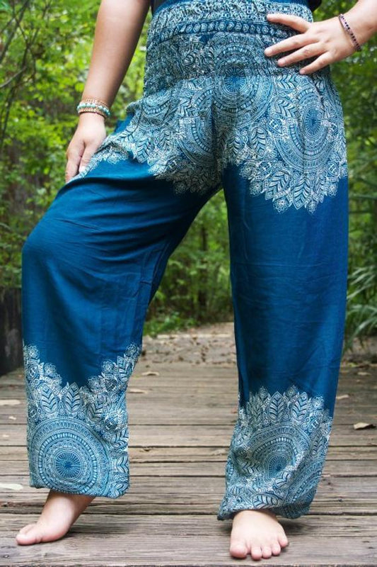 Teal FLORAL Women Boho Pants Hippie Pants Yoga Pants - BelleHarris