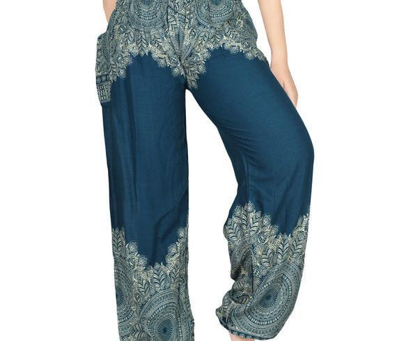 Teal FLORAL Women Boho Pants Hippie Pants Yoga Pants - BelleHarris