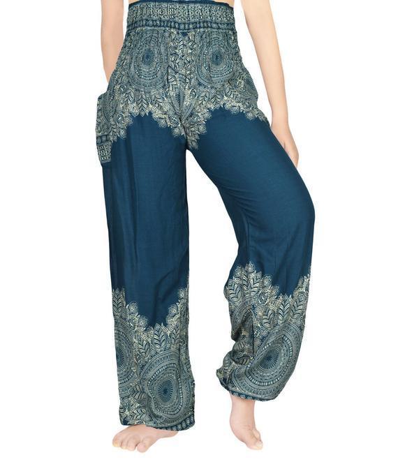 Teal FLORAL Women Boho Pants Hippie Pants Yoga Pants - BelleHarris