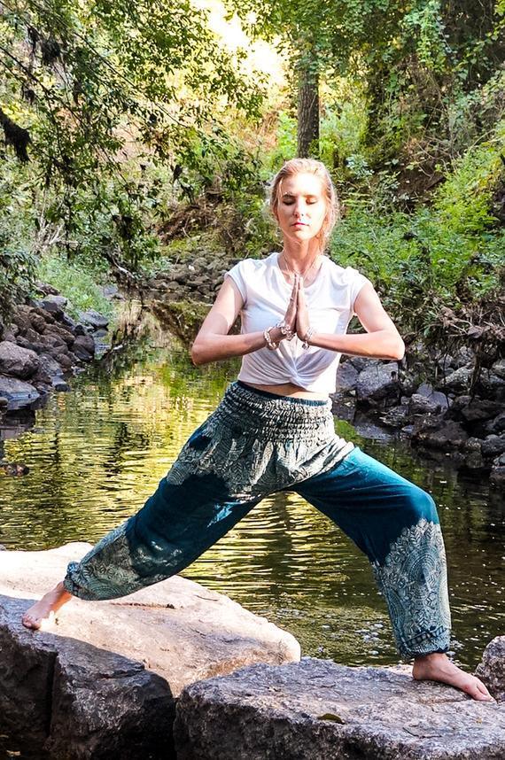 Teal FLORAL Women Boho Pants Hippie Pants Yoga Pants - BelleHarris