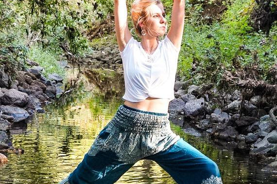 Teal FLORAL Women Boho Pants Hippie Pants Yoga Pants - BelleHarris