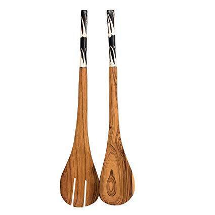 Traditional African salad servers set / Hand curved olive wood Spoon - BelleHarris