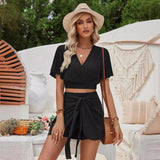 Two piece matching Short-sleeved Shorts Suit Lace-up - BelleHarris