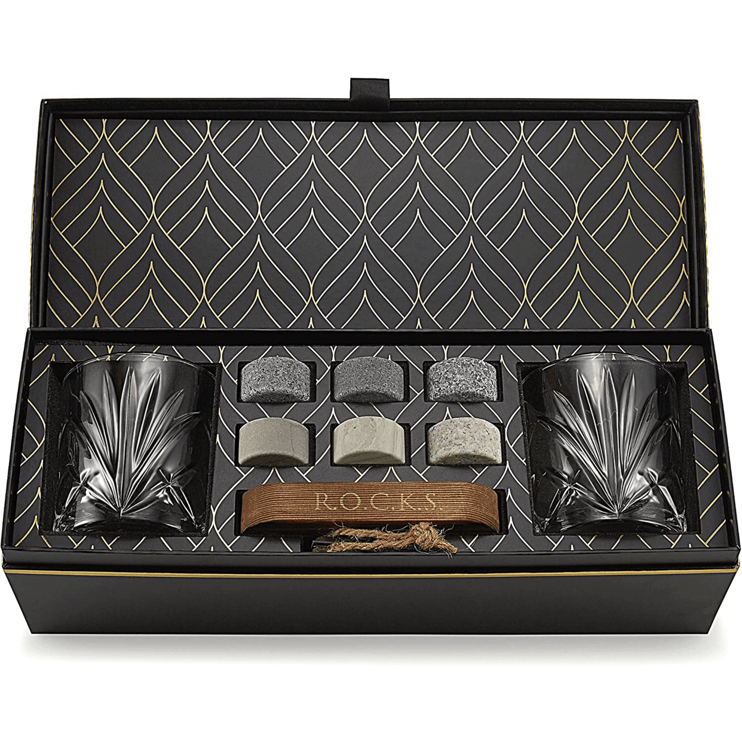 Whiskey Chilling Stones Gift Set With 2 Palm Crystal Glasses - BelleHarris