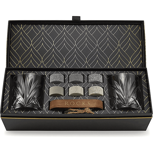 Whiskey Chilling Stones Gift Set With 2 Palm Crystal Glasses - BelleHarris