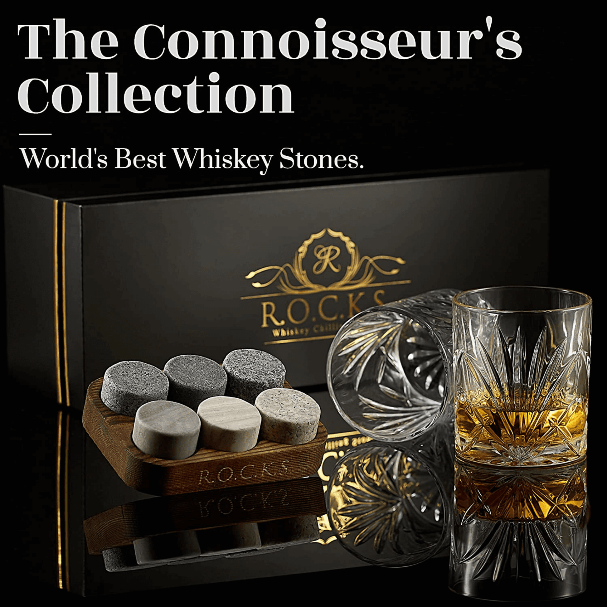 Whiskey Chilling Stones Gift Set With 2 Palm Crystal Glasses - BelleHarris