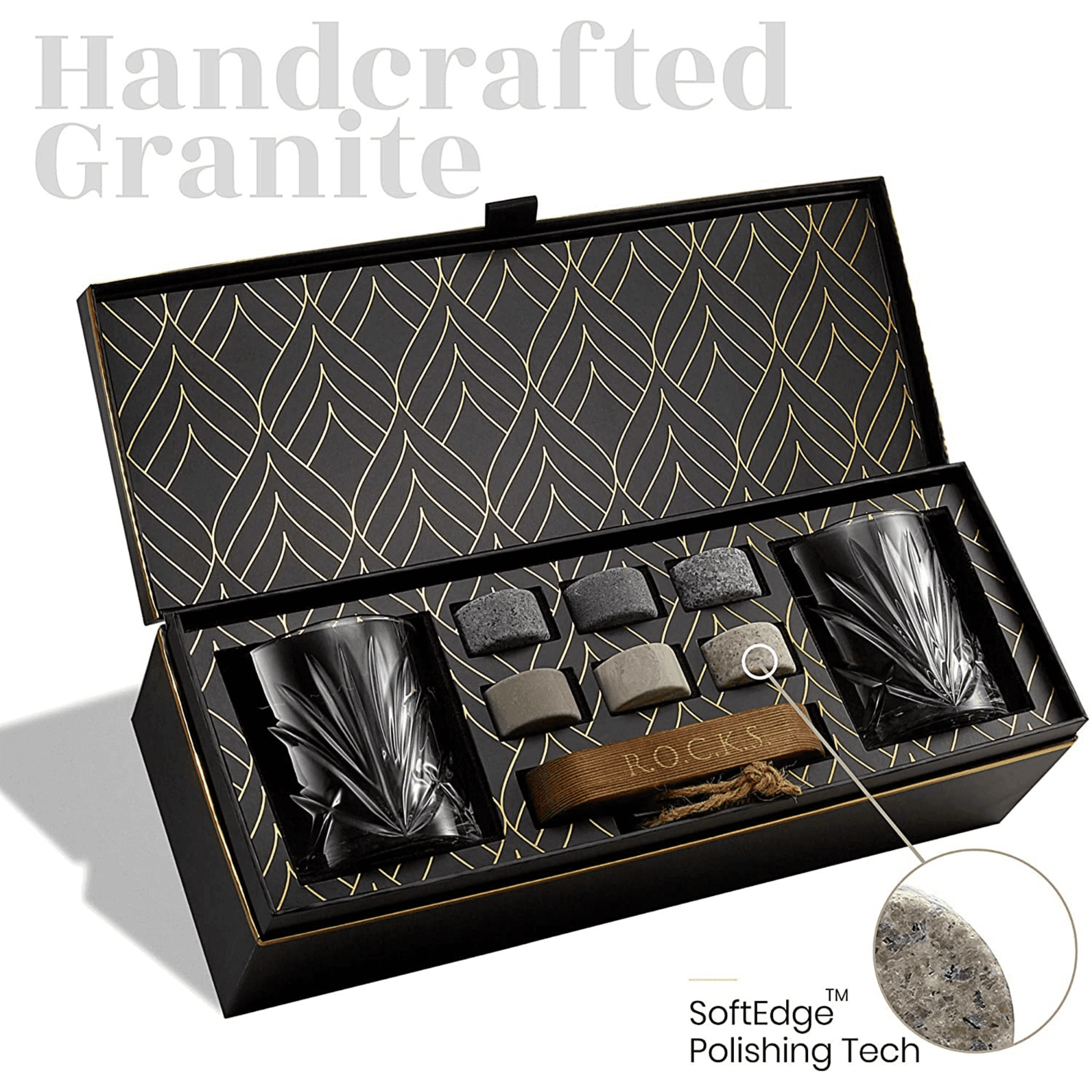 Whiskey Chilling Stones Gift Set With 2 Palm Crystal Glasses - BelleHarris