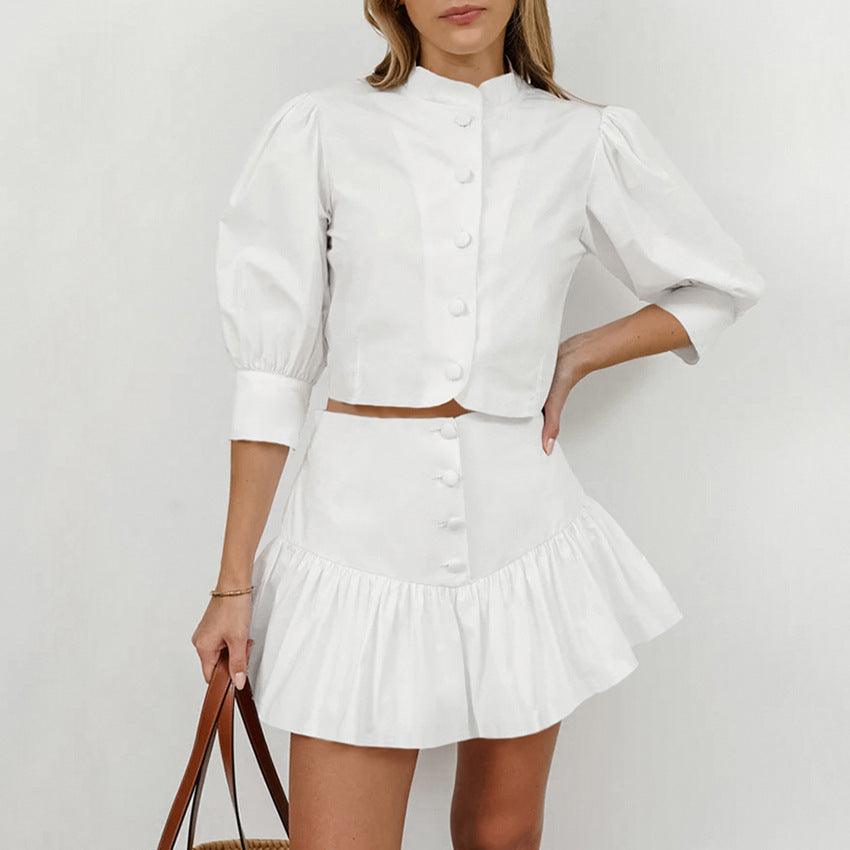 White Lantern Sleeve Shirt Short Skirt Two-piece Set For Women - BelleHarris