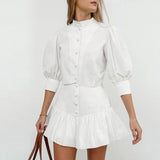 White Lantern Sleeve Shirt Short Skirt Two-piece Set For Women - BelleHarris